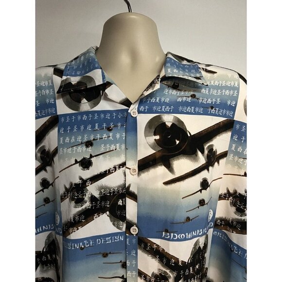Vintage Shaolin Mens Military War Airplanes Blue Button Front Shirt 2XL Asian - Picture 4 of 7